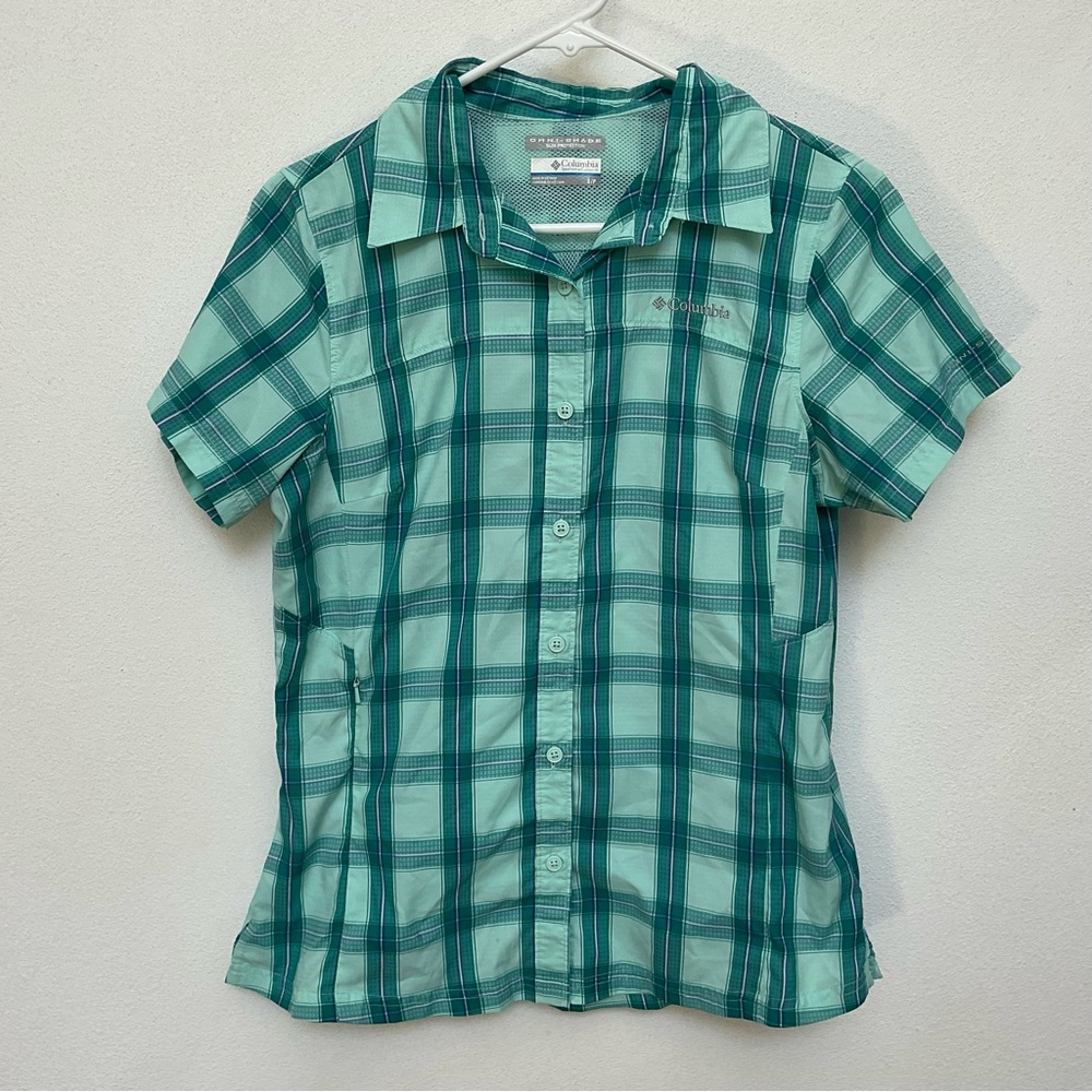 Columbia OmniShade Green Plaid Short Sleeve Button Down Top Size S Outdoor